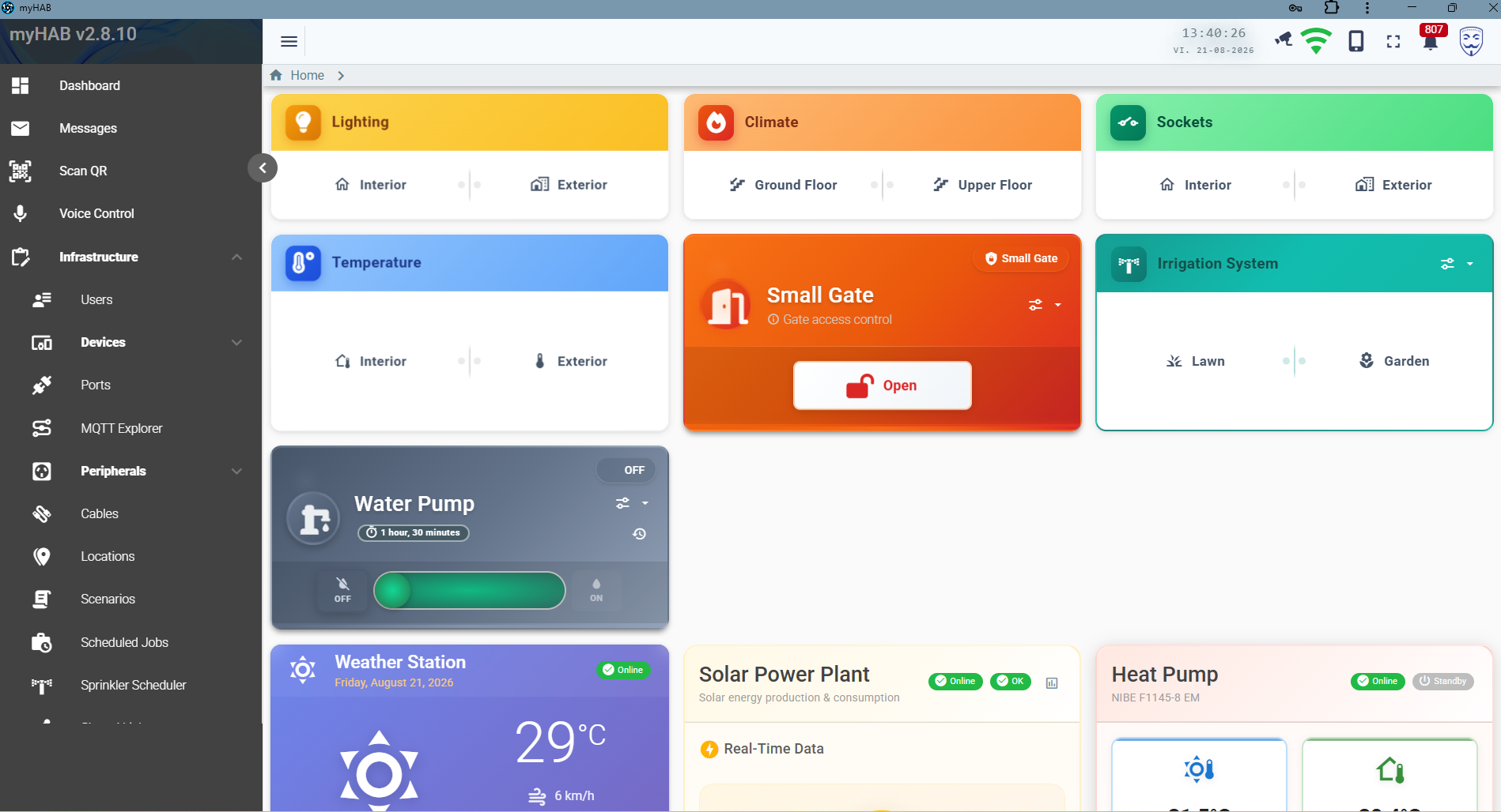 The myHAB dashboard showing lighting, climate, socket, gate, irrigation, weather, solar and heat-pump cards