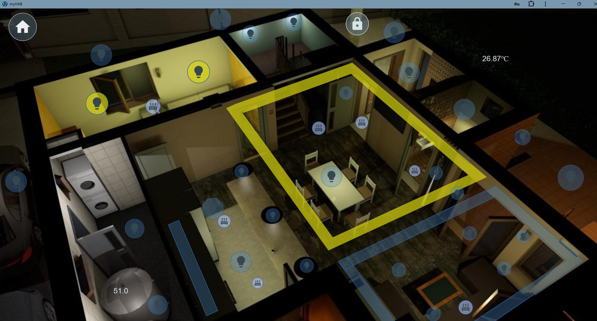 Ground-floor plan with live light, heating and lock widgets overlaid
