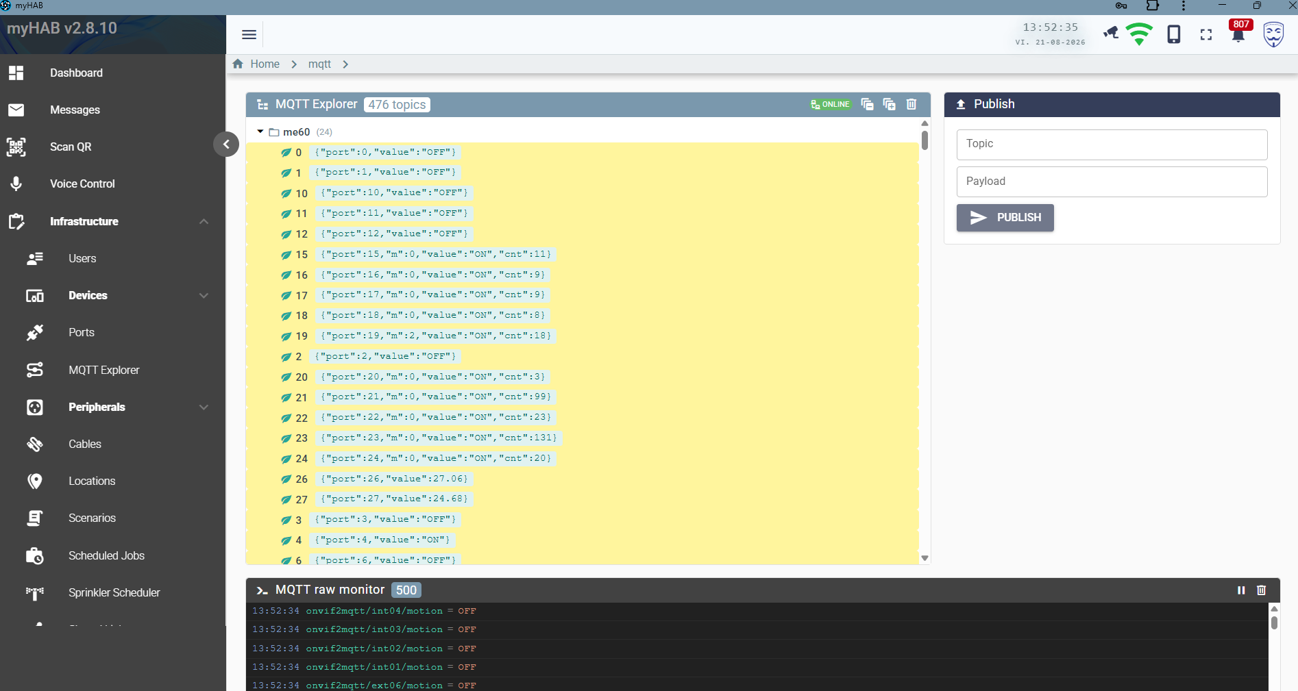 MQTT explorer showing a topic tree, publish form and raw monitor
