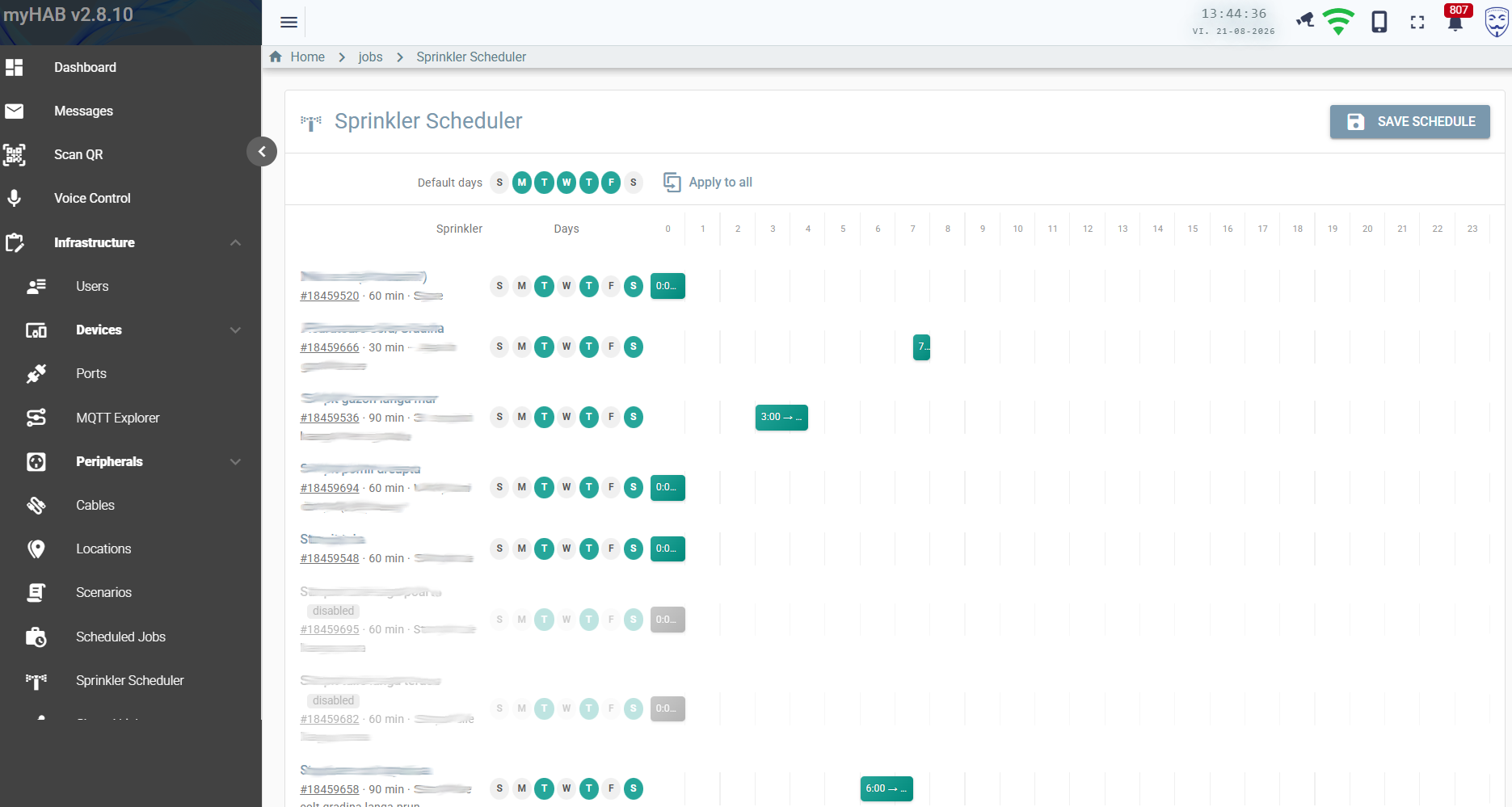 Sprinkler scheduler grid with days of week and hour columns