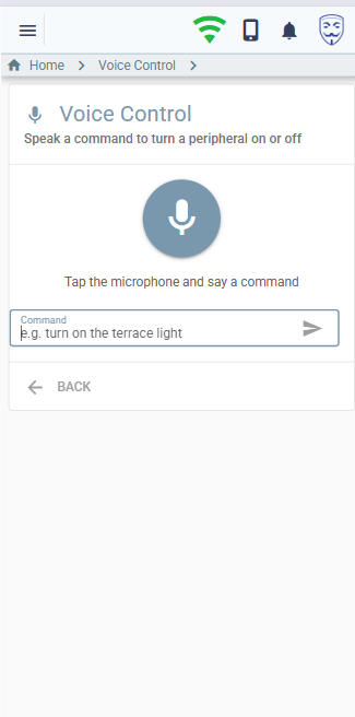 The voice control page with a microphone button and a command box